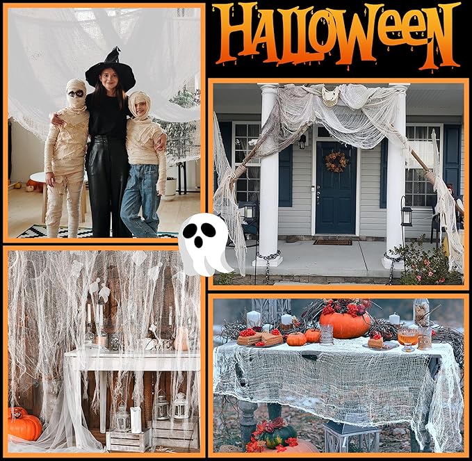 RunNico 500" x 85" Halloween Creepy Cloth - White Halloween Spooky Fabric Cloth - Large Creepy Spooky Halloweens Decorations for Haunted House Window Backdrops Garden Party