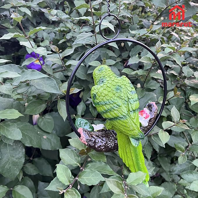 1PC Hanging Parrots for Patio Decor Outdoor, Perching On Branch Bird Figurine Statue, Metal Tropical Animal Model Sculpture with Round Ring for Nature Lovers DIY Lawn Natural Garden Tree Patio Home