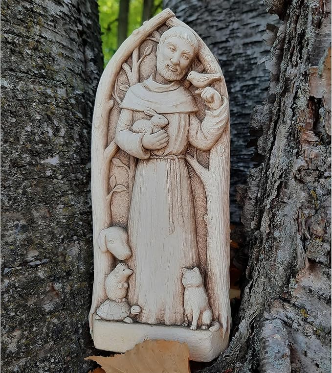 Carruth Studio Saint Francis Statue - St. Francis Blesses The Animals, Outdoor Garden Wall Plaque, Free Standing or Hanging 9" Handcrafted Stone Sculpture