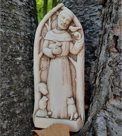 Carruth Studio Saint Francis Statue - St. Francis Blesses The Animals, Outdoor Garden Wall Plaque, Free Standing or Hanging 9" Handcrafted Stone Sculpture