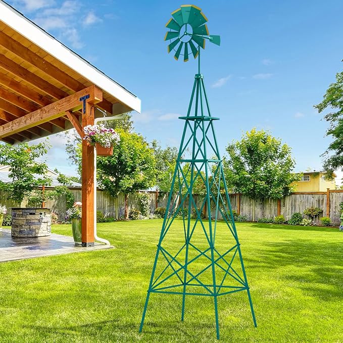 DREAMADE 8ft Steel Windmill, Farmhouse Windmill Decoration with Directional Vane, 4 Anchoring Stakes & Reinforced Base, Weather-Ready Garden Spinner for Backyard, Garden, Patios, Rural Areas (Green)