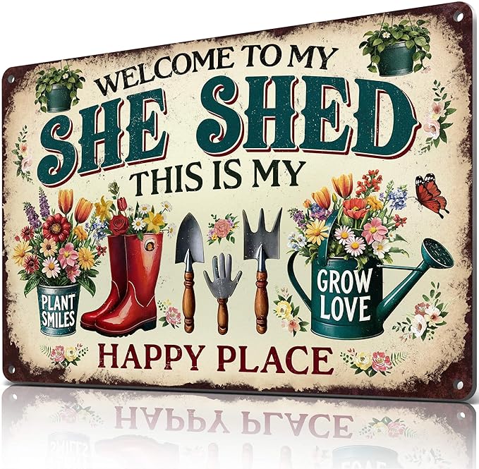 Welcome to My She Shed Sign - Funny Garden Signs for Outdoor Decor, Gardening Gifts for plant lover Women, Green House Decor, Metal Signs Vintage 12x8 Inch