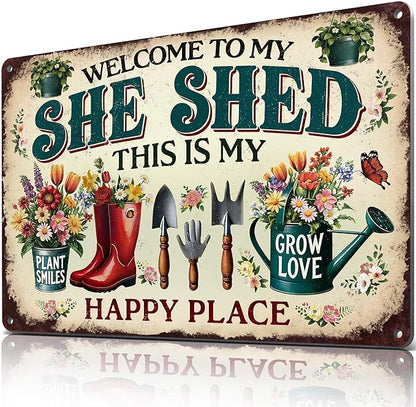 Welcome to My She Shed Sign - Funny Garden Signs for Outdoor Decor, Gardening Gifts for plant lover Women, Green House Decor, Metal Signs Vintage 12x8 Inch