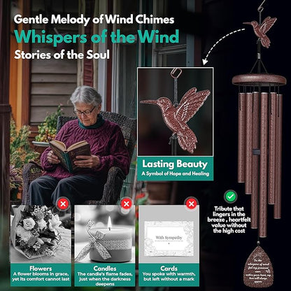 Hummingbird Memorial Wind Chimes for Loss of Loved One - 35" Long Sympathy Wind Chimes for Outside, Bereavement, Remembrance, Funeral Gift for Mother, Dad, Husband, Son & Sister