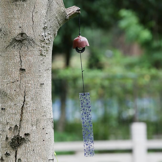 Japanese Wind Chime Cast-Iron Outdoor Ornament for Garden, Patio & Balcony, Hanging Metal Wind-Bell Decoration Gift, Blessing Pendant Windchimes & PVC Wind-Catcher, Red Plum