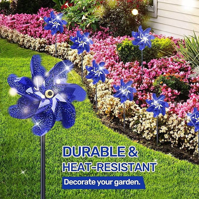 BATTIFE Reflective Pinwheels for Yard and Garden, Pre-Installed Sparkly Blind Birds Pin Wheel, Scare Birds & Animal Away Wind Spinner, 10 Pack (Blue)