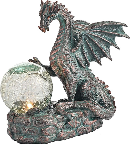 TERESA'S COLLECTIONS Dragon Outdoor Statues with Solar Crackle Globe Light, Resin Bronze Gothic Garden Decor,Touching Magic Ball Resin Lawn Ornaments for Patio Yard Decorations Gifts for Mom Dad, 6"