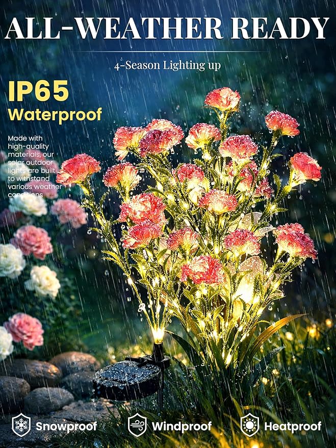 GIGALUMI Solar Lights Outdoor for Garden Decor, 4 Pack Solar Flower Lights Waterproof, 2 Lighting Modes 28 Carnations for Pathway,Yard, Patio Decoration, Gardening Gifts for Women (Pink)