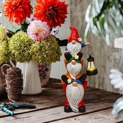 Gift Boutique Solar Garden Gnome Statue with Lantern Stacked Gnomes Outdoor Decor Lighted Yard Lawn Patio Decoration Whimsical Resin Figurine Home Accent