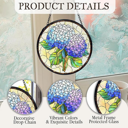 kdqua Hydrangea Flower Suncatcher Stained Glass Window Hanging, Blue Hydrangea Sun Catchers Indoor Window Glass Round Wall Decor, Floral Wall Art Hanging Decorations Statues, 7.9x7.9in