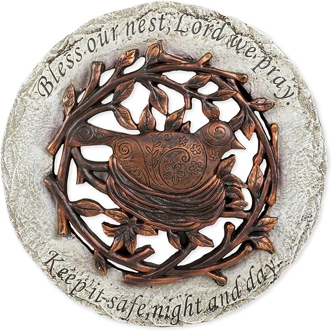 Roman Exclusive Terrace Garden Stone with a Bird in Nest and Verse, 12.2-Inch, 2-Tone Dolomite/Resin