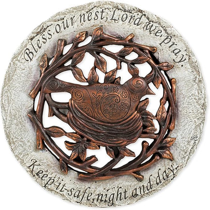Roman Exclusive Terrace Garden Stone with a Bird in Nest and Verse, 12.2-Inch, 2-Tone Dolomite/Resin