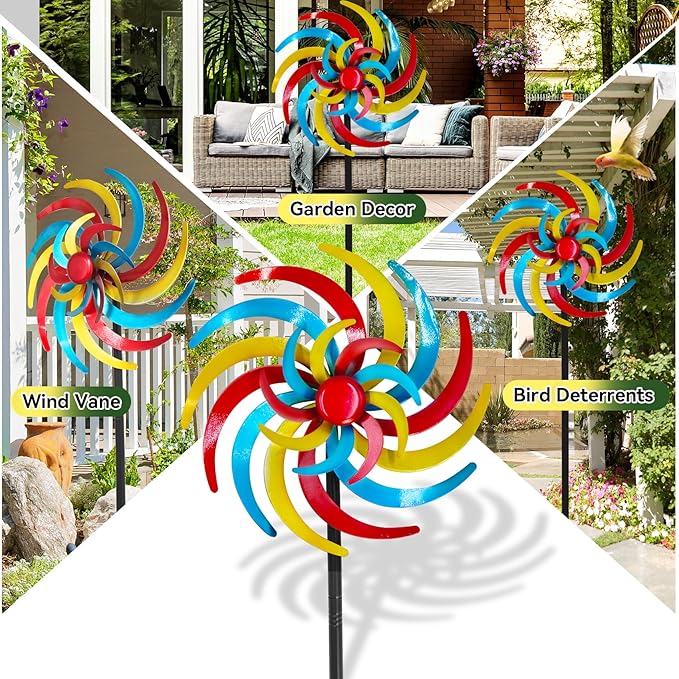 Colorful Kinetic Wind Spinner for Outdoor 13" W Metal Windmill Wind Sculptures with 5 Prong Stake, Easy to Rotate Metal Yard Art for Garden Patio Lawn Backyard Decor