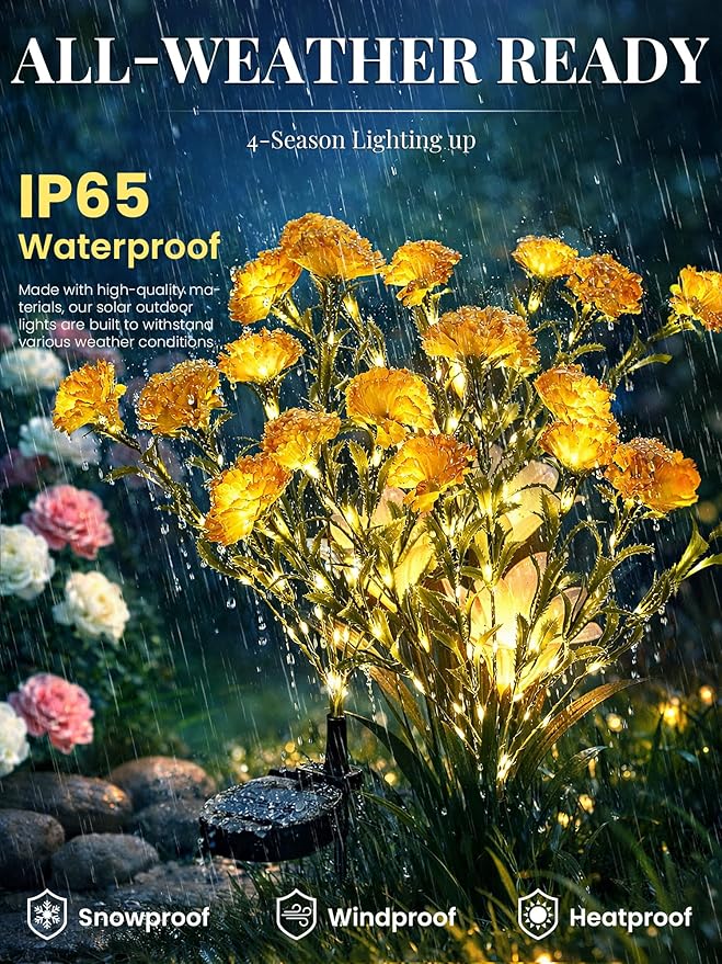 GIGALUMI Solar Lights Outdoor for Garden Decor, 4 Pack Solar Flower Lights Waterproof, 2 Lighting Modes 28 Carnations for Pathway,Yard, Patio Decoration, Gardening Gifts for Women (Yellow)
