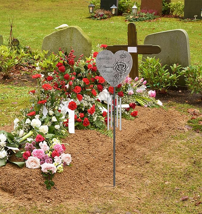 bocola Resin Heart Wind Chime with Rose & Angel Wings Engravings - Memorial Plaques for Garden Cemetery Grave Decoration-Sympathy Gifts for Loss of Loved One