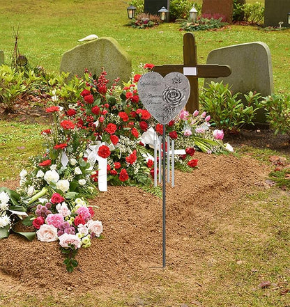 bocola Resin Heart Wind Chime with Rose & Angel Wings Engravings - Memorial Plaques for Garden Cemetery Grave Decoration-Sympathy Gifts for Loss of Loved One