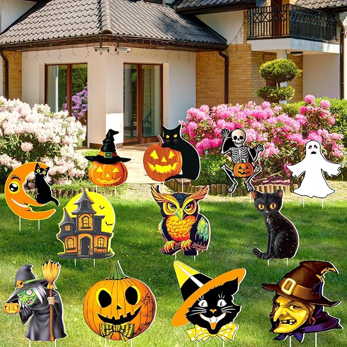 Amyhill 12 Pcs Halloween Yard Signs Vintage Lawn Decorations with Stakes Sturdy Corrugated Plastic Outdoor Decorations Witch Black Cat Pumpkin Ghost Owl Skeleton Garden Signs for Scary Halloween Party