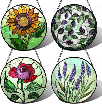 Stained Glass Window Hanging 4 Pcs Set Red Roses Yellow Sunflowers 6.3" - Flower Suncatcher Door Garden Sun Catcher Decor Birthday Mother's Day for Mom Woman Nana Girl