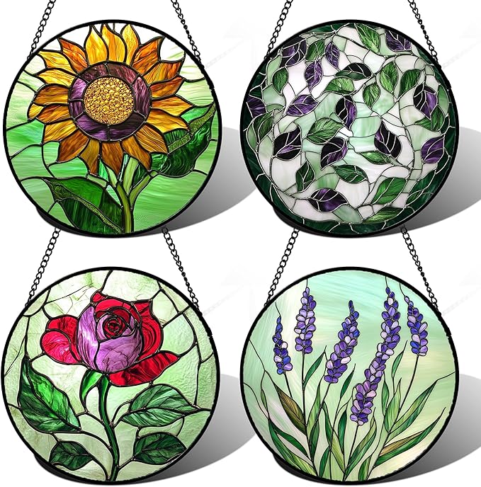 Stained Glass Window Hanging 4 Pcs Set Red Roses Yellow Sunflowers Large 15" - Flower Suncatcher Door Garden Sun Catcher Decor Birthday Mother's Day for Mom Woman Nana Girl