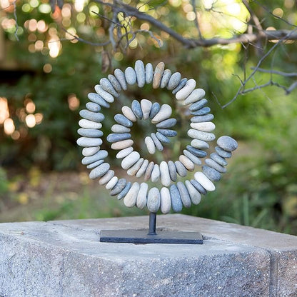Natural River Stacked Stone Spiral Cairn on Metal Stand Zen Garden Decoration Statue (Small)