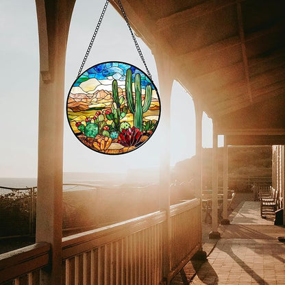 Stained Glass Window Hanging Desert Green Cactus Red Flowers Large 15" - Suncatcher Door Garden Sun Catcher Landscape Home Decor Birthday Christmas for Mom Men Woman Nana