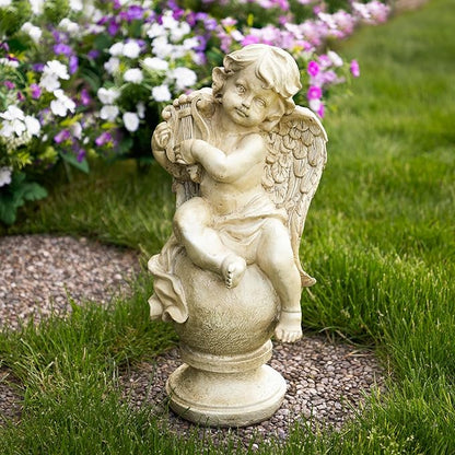 Northlight 12" Heavenly Gardens Distressed Almond Brown Cherub with Lyre Outdoor Patio Garden Statue