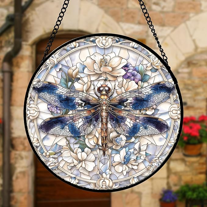 DASTOLL Stained Glass Window Hanging, Dragonfly Flower Suncatcher for Doors Home Sun Catchers Decoration and Christmas, Mother's Day Birthday Gifts for Women, Men, and Mom 9.8 in