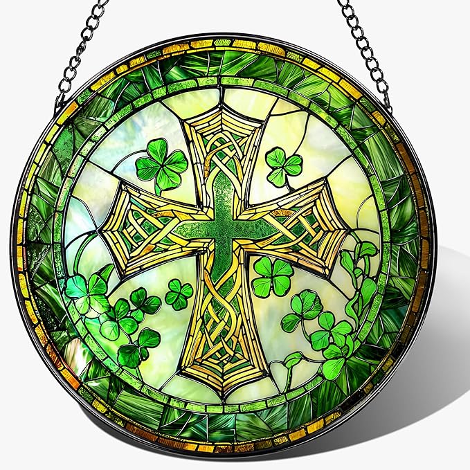 8'' St. Patrick's Day Cross Stained Glass Suncatcher Ornament, Stained Glass Window Hanging, Irish Decor, Patrick Day Decor, Irish Shamrock Gift, Cross Gifts, Religious Gifts, Christian Gift