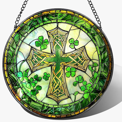 8'' St. Patrick's Day Cross Stained Glass Suncatcher Ornament, Stained Glass Window Hanging, Irish Decor, Patrick Day Decor, Irish Shamrock Gift, Cross Gifts, Religious Gifts, Christian Gift