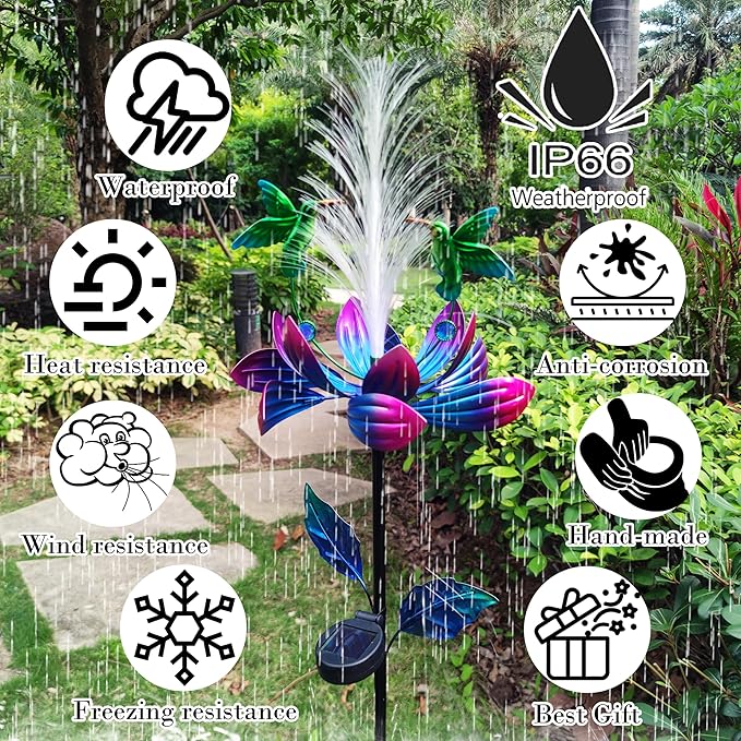 Solar Hummingbird Wind Spinners, Solar Firework Lights Garden Décor, Metal Lotus Flower Windmill Colour Changing Optical Fiber Lights Yard Decoration, Outdoor Wind Sculpture for Lawn Patio,Balcony