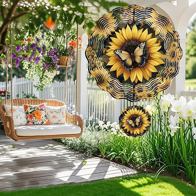 Wind Spinner Hanging Outdoor Decor, 12 Inch 3D Sunflower Butterfly Metal Kinetic Wind Spinners for Garden Yard Patio, Stainless Steel Laser Cut Art Gifts for Women Mother's Day Outdoor Decorations