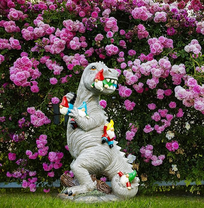 Himaweek Garden Statue Outdoor Decoration, Weatherproof 14” Dinosaur Garden Gnome, Indoor Outdoor Décor Garden Art for Patio Lawn Yard, Gardening Gift for Homeowners