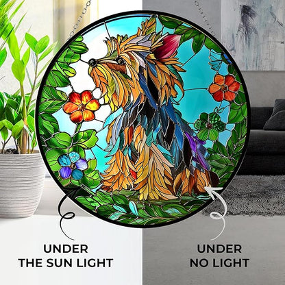 Yorkie Stained Glass Suncather Window Hangings, Suncatchers Glass Panel Sun Catchers Gifts Home Decor Garden Christmas Halloween Wedding 9.8"
