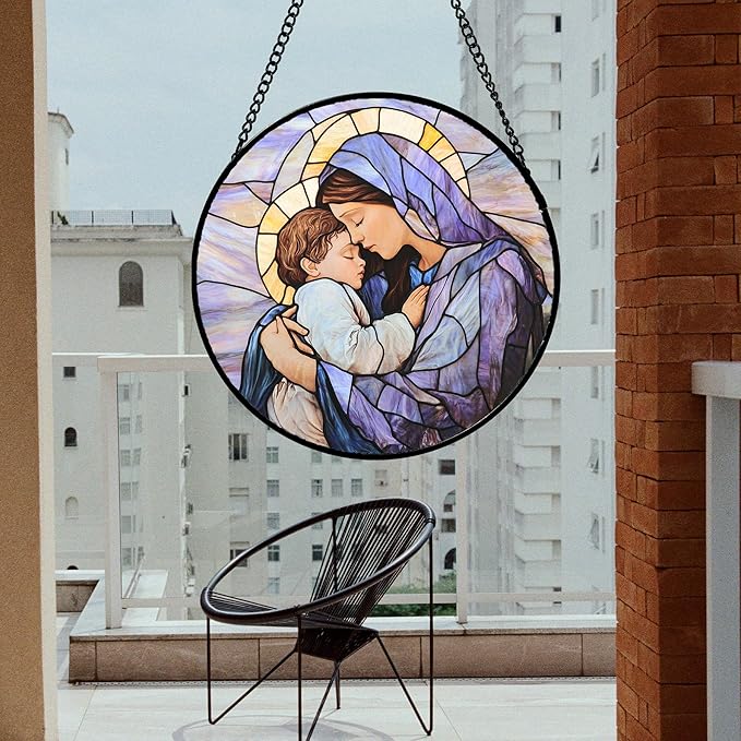 DASTOLL Christian Gifts for Women - Stained Glass Window Hanging Easter Virgin Mary Holding Jesus Sun Catcher Garden Religion Decor Mother's Day Catholic Gift for Men Grandma Nana Her Mom 15"
