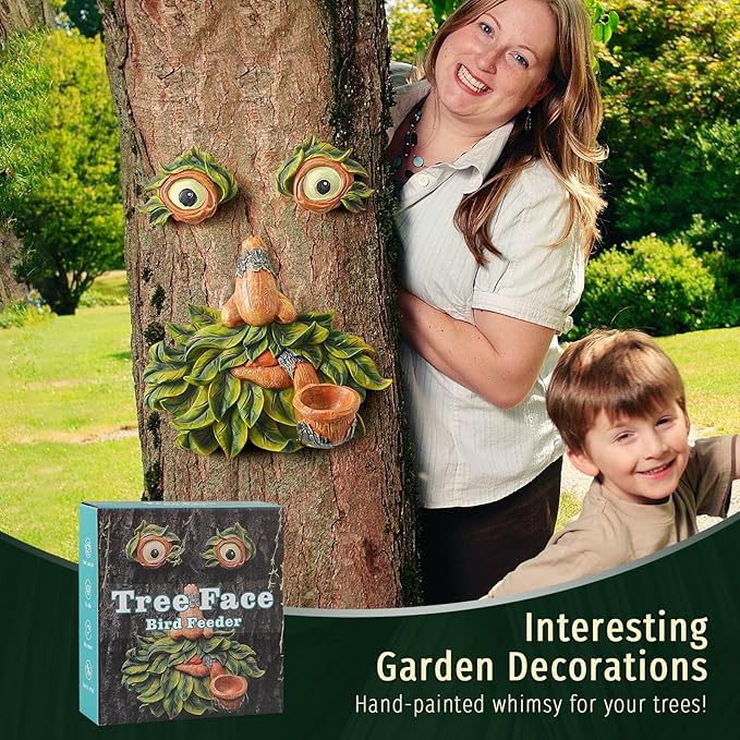 Flytime Tree Face Garden Decor with Bird Feeder - 12 Inch Whimsical Outdoor Statue, Weather Resistant Resin Tree Hugger Art for Yard & Garden