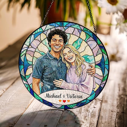 Personalized Photo Couple Stained Glass Suncatcher, Custom Picture Window Hanging Glass, Unique for Wedding Married Couples, Valentine's Day Girlfriend Sentimental Romantic Home Decor