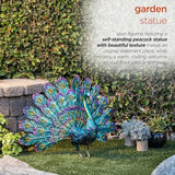 Alpine Corporation 23" Tall Outdoor Metallic Peacock Tail Spread Yard Statue, Vibrant Garden Sculpture for Patio, Lawn, or Entryway, Multicolor