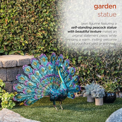 Alpine Corporation 23" Tall Outdoor Metallic Peacock Tail Spread Yard Statue, Vibrant Garden Sculpture for Patio, Lawn, or Entryway, Multicolor
