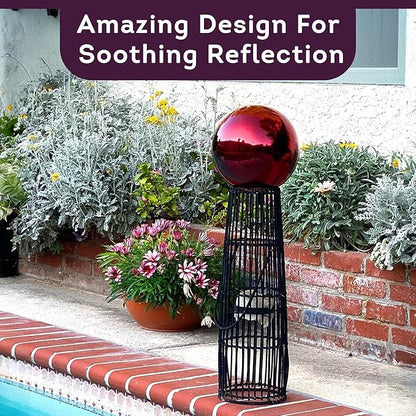 Lily's Home 10" Diameter Stainless Steel Gazing Globe Mirror Ball, Colorful and Shiny Addition to Any Garden or Home, Ideal As a Housewarming Gift, Sparking Red
