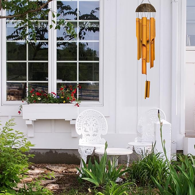 Bamboo Wind Chimes 38" 6 Pipes, Handcrafted Wooden Wind Chime Bring a Unique and Soothing Melody, Wind Chimes for Outdoor and Indoor Decor, for Sympathy, Memorial