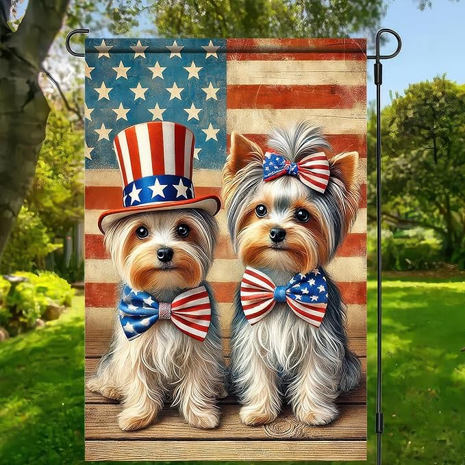 BlissYard Patriotic 4th of July Yorkie Dog Garden Flag American Flag Double Dogs Welcome Small Yard Flag 12x18 Inch Double Sided Patriotic Dog Decor Outdoor Seasonal Decoration Independence Day Memorial Day