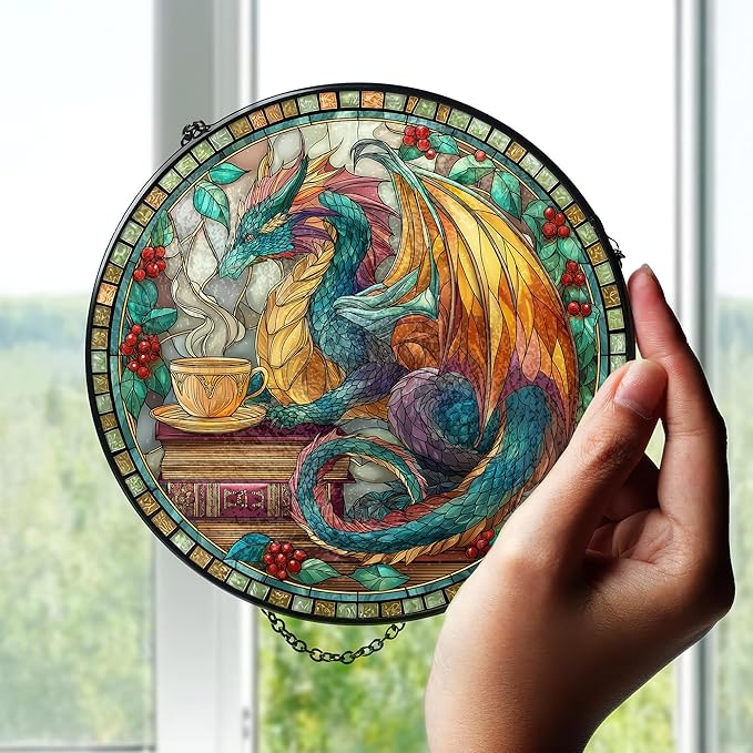 7.8" Dragon Suncatcher Stained Glass Window Hanging Fantasy Book Sun Catchers Celestial Reading Ornament Wall Art Home Room Library Decor Birthday for Readers Women Men