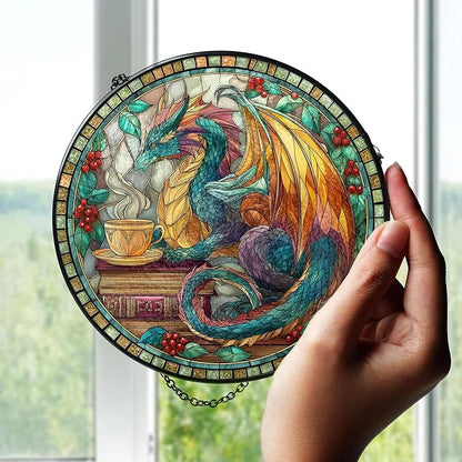 7.8" Dragon Suncatcher Stained Glass Window Hanging Fantasy Book Sun Catchers Celestial Reading Ornament Wall Art Home Room Library Decor Birthday for Readers Women Men