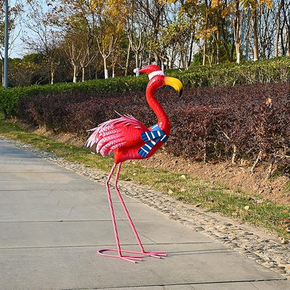 Garden Decor Christmas Flamingo Yard Art Decor Large Metal Flamingo Statues for Outdoor Indoor Decorations, Outside Patio, Pool, Lawn