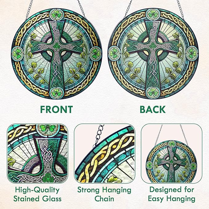 FLAGWIX St Patricks Day Decorations - Stained Glass Hanging Suncatcher 8 in - Birthday Irish Decorations, Irish Gifts for Women Men, Celtic Cross Home Decor