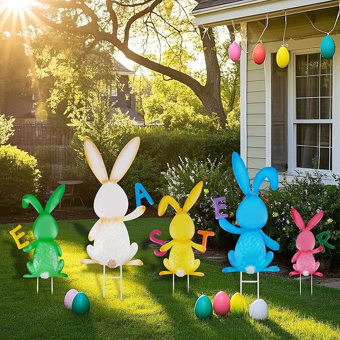 5 PCS Easter Garden Stakes Decoration, Metal Adorable Bunny Yard Signs Holding Easter Spelling Letters for Courtyard Spring Lawn Flowerbed Patio Holiday Outdoor Display