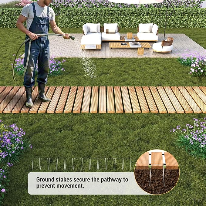 12FT Straight Wooden Garden Pathway Walkway Outdoor Roll Out Decorative Garden Non-Slip Patio Path Decorative Boardwalk Outdoor Road Floor for Backyard Beach Wedding Party