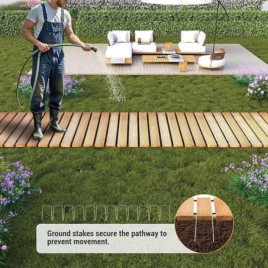 12FT Straight Wooden Garden Pathway Walkway Outdoor Roll Out Decorative Garden Non-Slip Patio Path Decorative Boardwalk Outdoor Road Floor for Backyard Beach Wedding Party