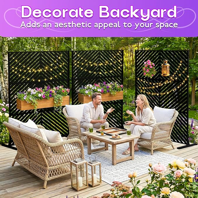 MTART Metal Privacy Screen 72" H x 47.2" Decorative Outdoor Privacy Screen Privacy Panel with Stand for Balcony Deck Patio Lawn Garden, Privacy Fence (Black-Arrow)