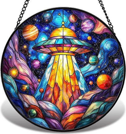 UFO Stained Glass Suncather for Window Hanging, 6.3'' Cosmic Alien Spaceship Ornament Gift for Women, Galaxy Wall Art Home Decor Gift for Sci-Fi Lovers & Dreamer (Blue Galaxy, 6.3'')